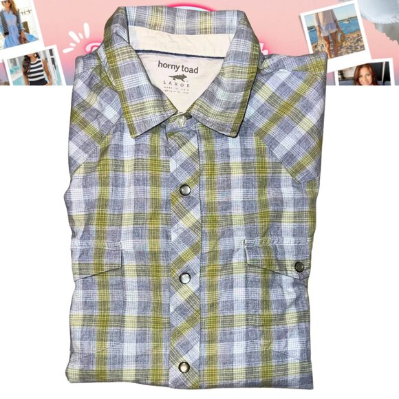 Button up, Gray & Green Plaid Pearl Snap Shirt Sz Large - Picture 1 of 9